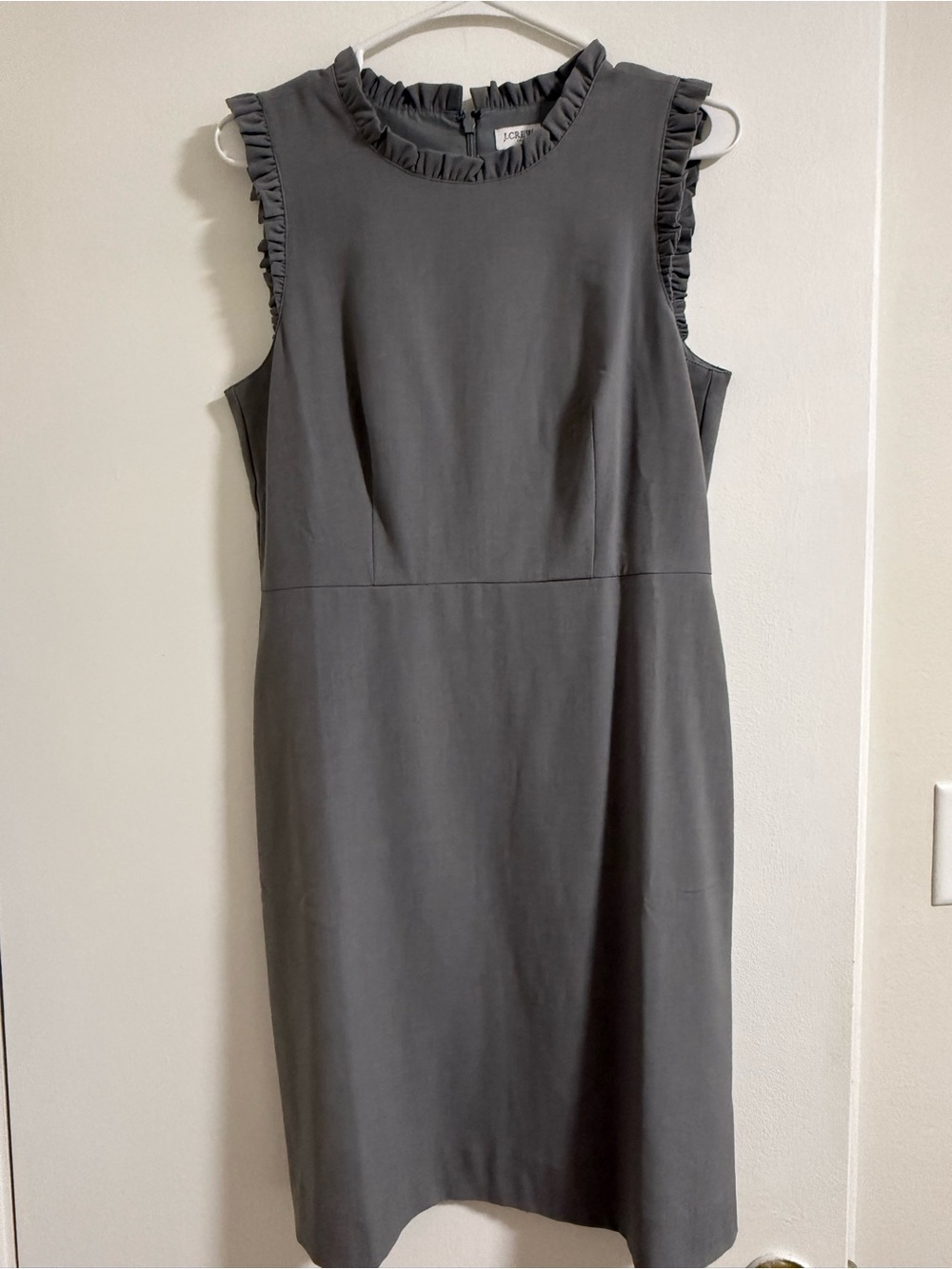 J. Crew Charcoal Sleeveless Sheath Dress with Ruffle Trim